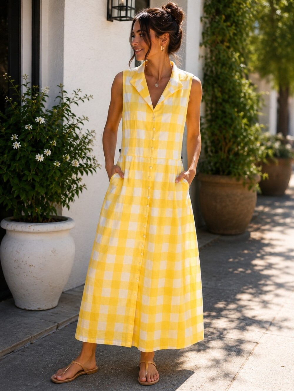 Tuckernuck Yellow and White Gingham Sleeveless Button-Front Midi Dress